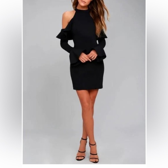NEW FREE PEOPLE SWEET TALK LBD BLACK COLD SHOULDER RUFFLE MINI DRESS, Med - Picture 2 of 8